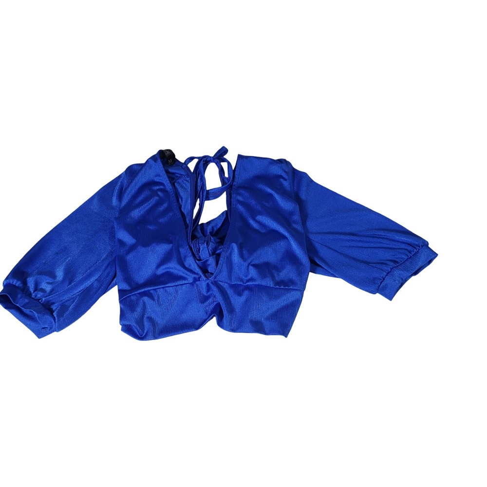 Wild Cat Royal Blue Metallic Puff Sleeve Front Tie Knot Open Back Crop Top M
